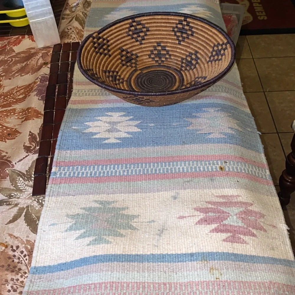Hand Woven Basket Bowl diamond Coil Brown and table runner 57” + 2.5” tassels